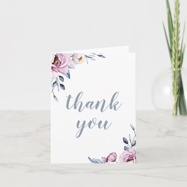 Dusty Blue Mauve Floral Wedding Thank You (Front)