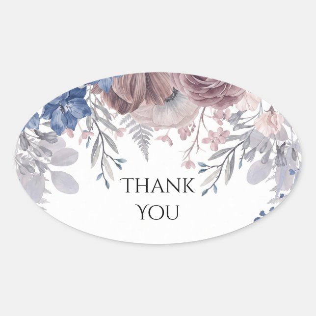Dusty Blue Mauve Floral Wedding Thank You Sticker (Front)