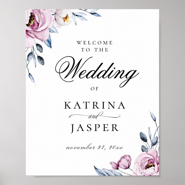 Dusty Blue Mauve Floral Wedding Welcome Poster (Front)