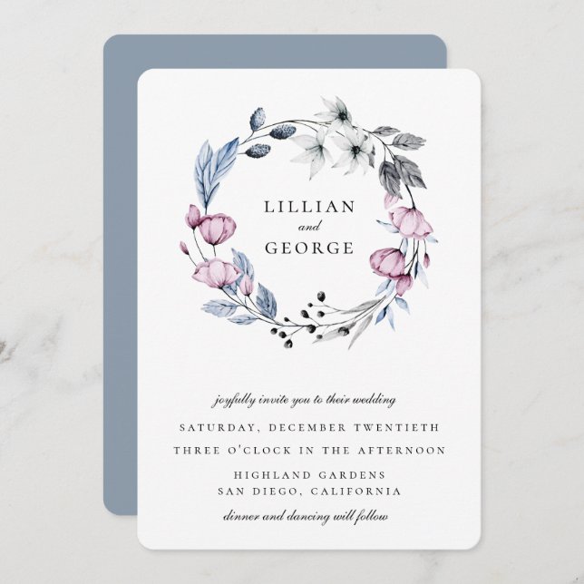 Dusty Blue Mauve Floral Wreath Wedding Invitation (Front/Back)