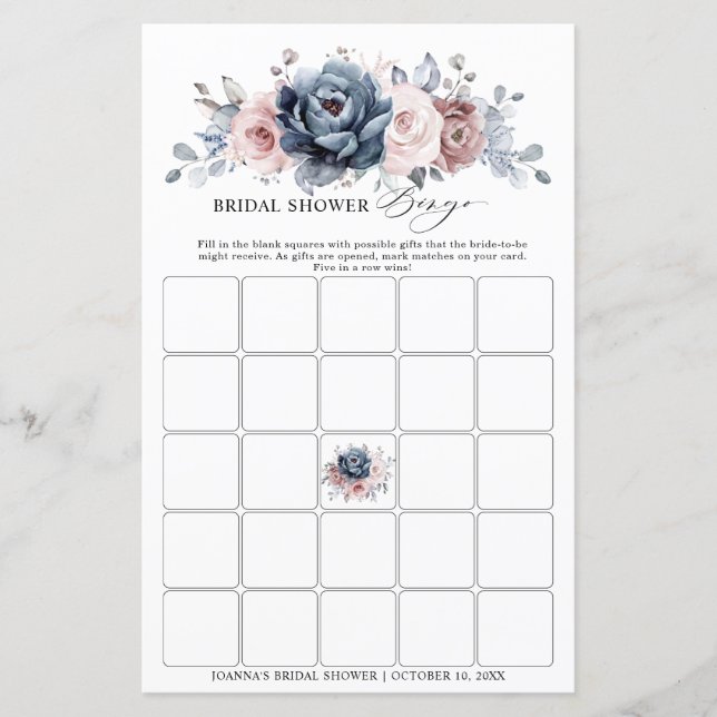 Dusty Blue Mauve Rose Pink  Bridal Shower Bingo (Front)