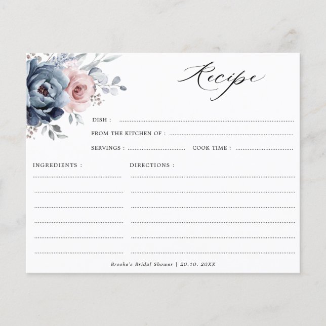 Dusty Blue Mauve Rose Pink  Bridal Shower Recipe   (Front)