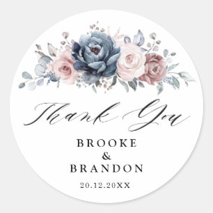 Dusty Blue Mauve Rose Pink Floral Thank you Classic Round Sticker