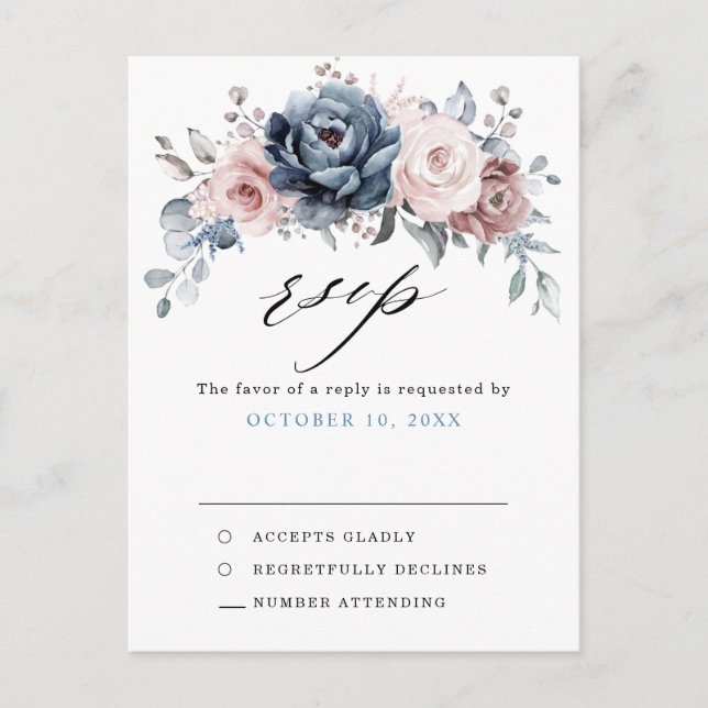 Dusty Blue Mauve Rose Pink Slate Floral RSVP Postcard (Front)