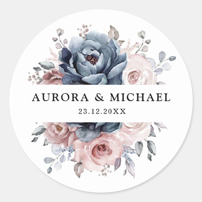 Dusty Blue Mauve Rose Pink Slate Floral Wedding  Classic Round Sticker (Front)