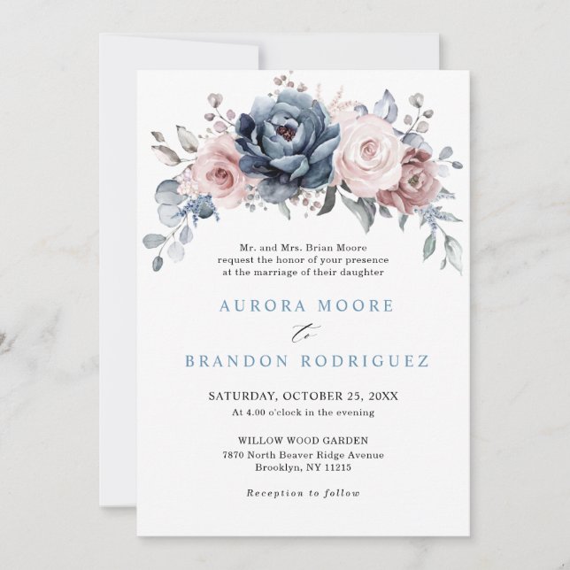 Dusty Blue Mauve Rose Pink Slate Floral Wedding In Invitation (Front)