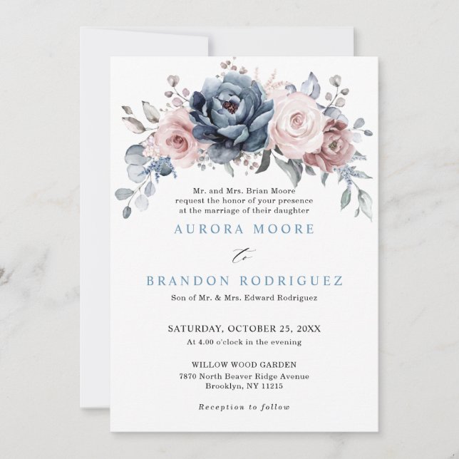Dusty Blue Mauve Rose Pink Slate Floral Wedding In Invitation (Front)