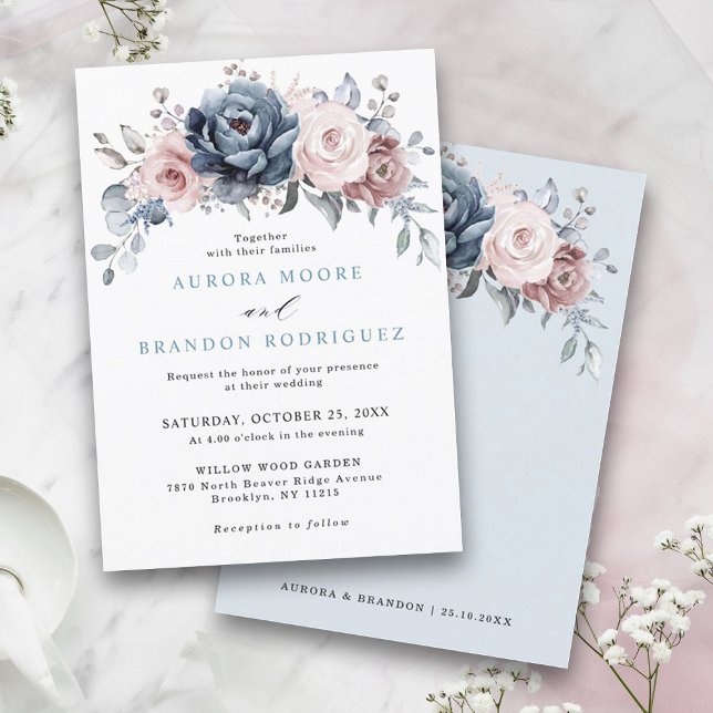 Dusty Blue Mauve Rose Pink Slate Floral Wedding Invitation (Dusty blue mauve rose pink slate floral wedding invitation)