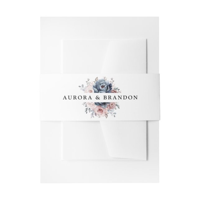 Dusty Blue Mauve Rose Pink Slate Floral Wedding  Invitation Belly Band (Front Example)