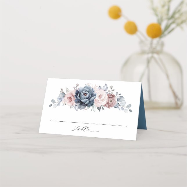 Dusty Blue Mauve Rose Pink Slate Floral Wedding  Place Card (Front)
