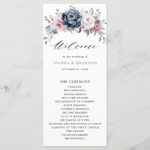 Dusty Blue Mauve Rose Pink Slate Floral Wedding Programme