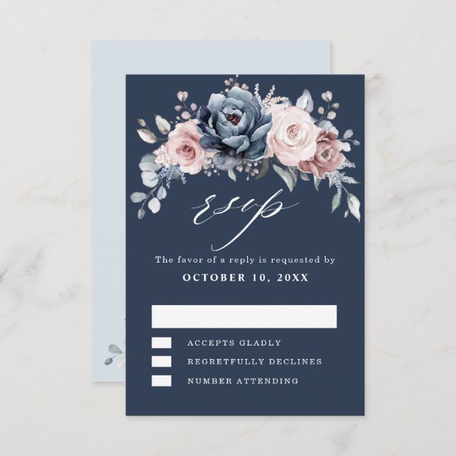 Dusty Blue Mauve Rose Pink Slate Floral Wedding RS RSVP Card (Front/Back)
