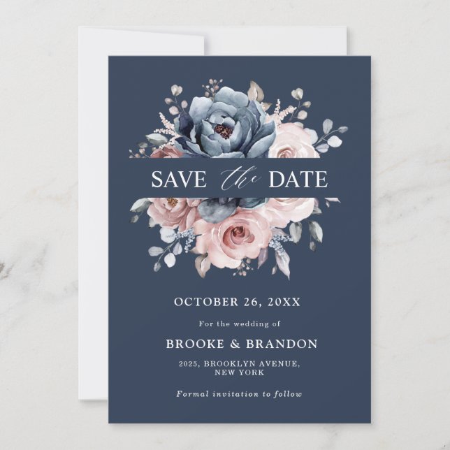 Dusty Blue Mauve Rose Pink Slate Floral Wedding  S Save The Date (Front)