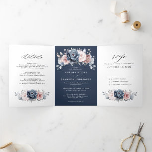 Dusty Blue Mauve Rose Pink Slate Floral Wedding  T Tri-Fold Announcement