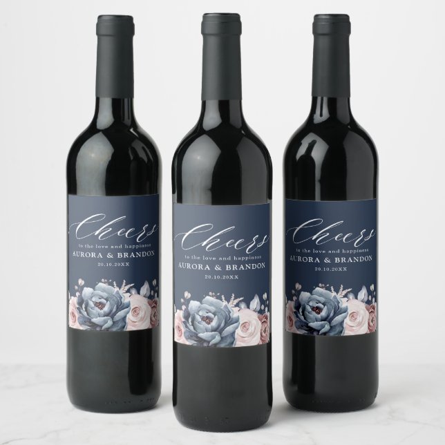 Dusty Blue Mauve Rose Pink Slate Floral Wedding  W Wine Label (Bottles)