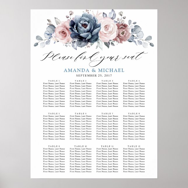 Dusty Blue Mauve Rose Pink Slate  Seating Chart    (Front)