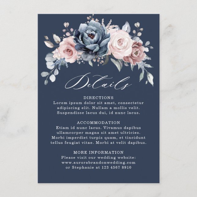 Dusty Blue Mauve Rose Pink Slate Wedding Details E Enclosure Card (Front)