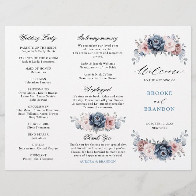 Dusty Blue Mauve Rose  Wedding Tri-Fold Program  (Front)