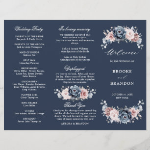 Dusty Blue Mauve Rose Wedding Tri-Fold Program