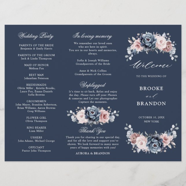 Dusty Blue Mauve Rose  Wedding Tri-Fold Program  (Front)