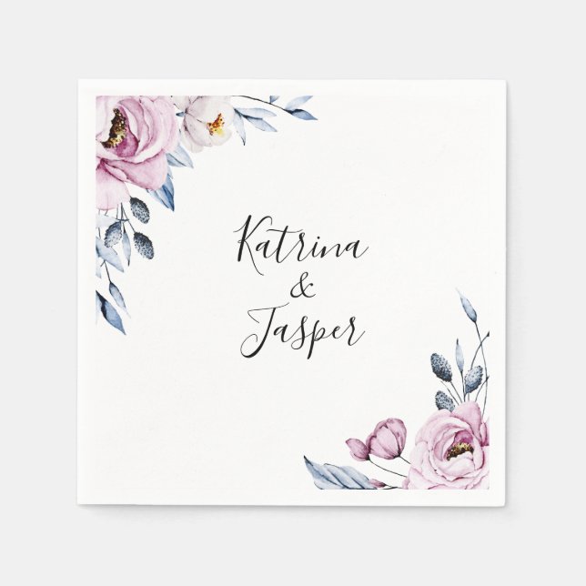 Dusty Blue Mauve Watercolor Floral Wedding Napkin (Front)