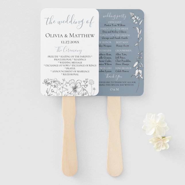 Dusty Blue Meadow Wedding Program Hand Fan (Front and Back)