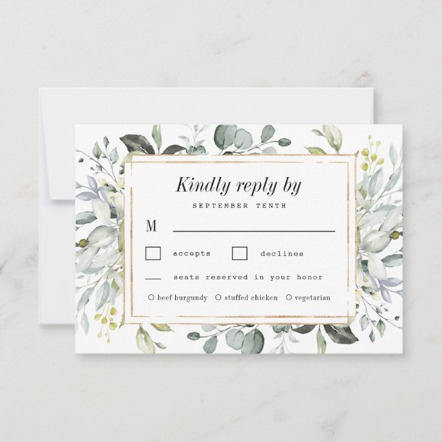 Dusty Blue Meal Choice Gold Elegant Floral Wedding RSVP Card (Front)
