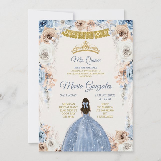 Dusty Blue Mexcian Girl Floral Sweet 16th Birthday Invitation (Front)