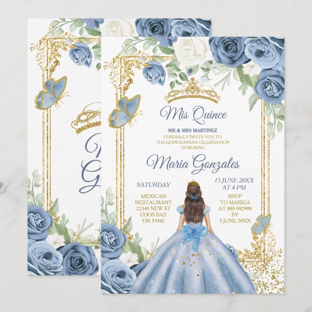 Dusty Blue Mexcian Girl Floral Sweet 16th Birthday Invitation (Front/Back)