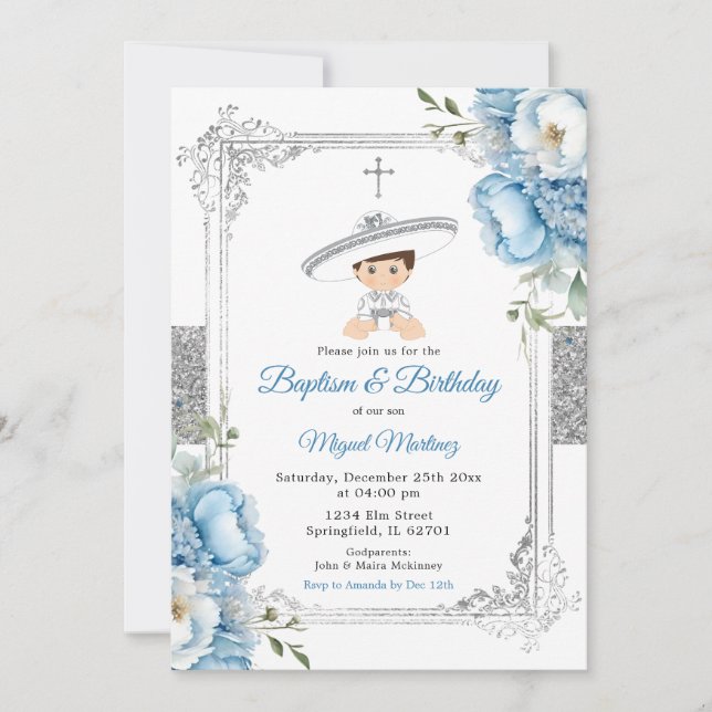 Dusty Blue Mexican Boy Baptism & Birthday Silver Invitation (Front)