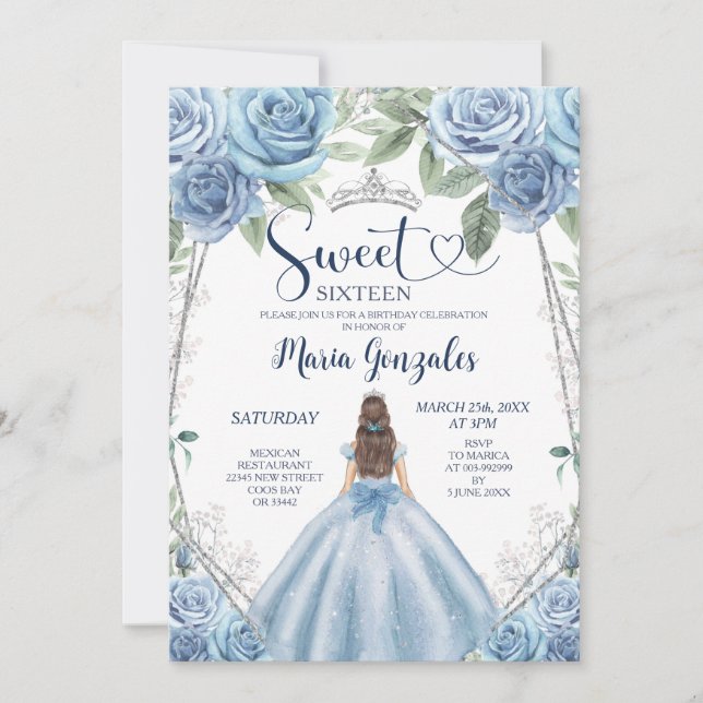 Dusty Blue Mexican Girl Princess Sweet Sixteen Invitation (Front)