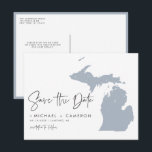Dusty Blue Michigan Map QR Code Save the Date Announcement Postcard<br><div class="desc">Celebrate your Michigan wedding with a modern and interactive twist with this QR Code Save the Date Postcard, featuring a sleek silhouette of the Michigan state map. The minimalist design highlights Michigan’s unique shape, making it the perfect choice for couples planning a wedding in the Great Lakes State. Whether you're...</div>