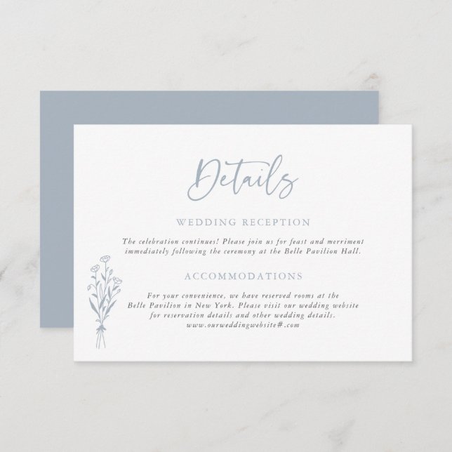 Dusty Blue Minimailist Bouquet Wedding Details Enclosure Card (Front/Back)