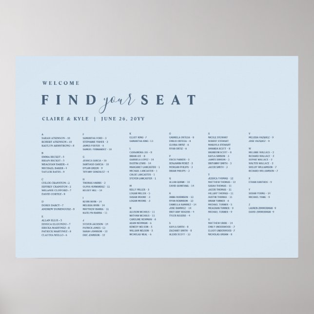 Dusty Blue Minimal Alphabetical Seating Chart (Front)