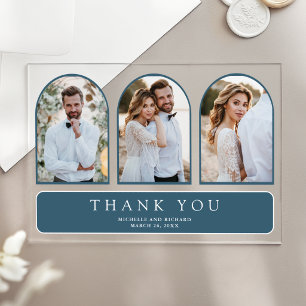Dusty Blue Minimal Arch 3 Photo Wedding Thank You Acrylic Invitations