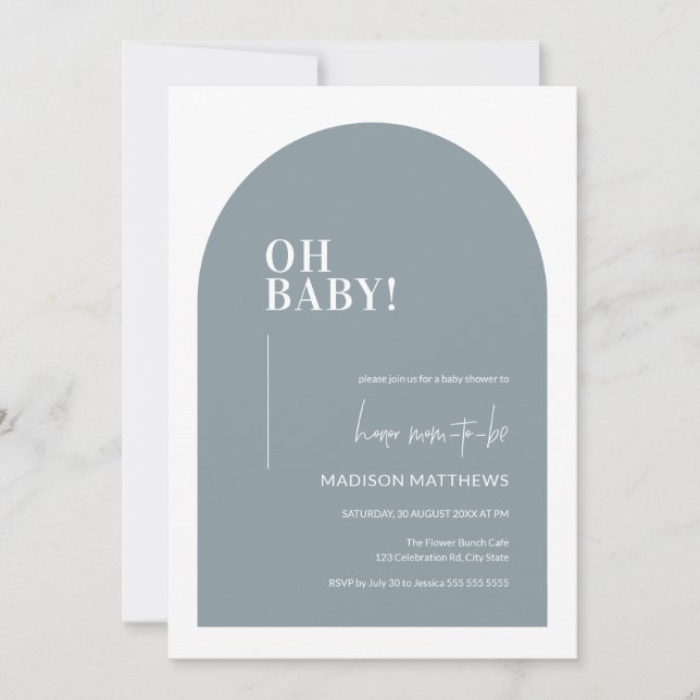 Dusty Blue Minimal Arch Oh Baby Shower Invitation (Front)
