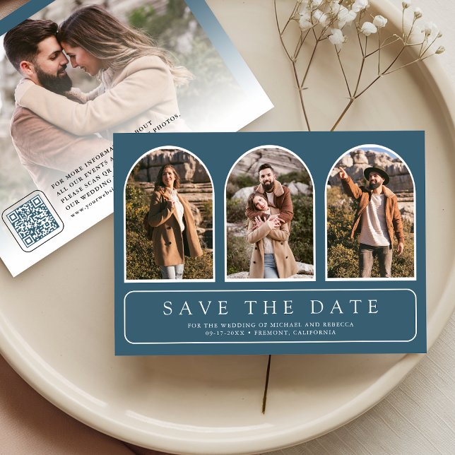Dusty Blue Minimal Arch Photo QR Code Wedding Save The Date (Creator Uploaded)