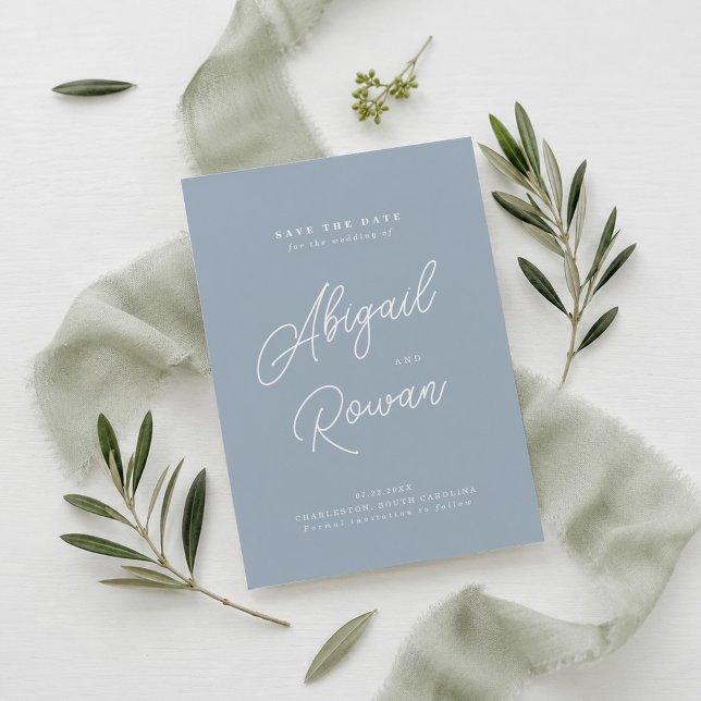 Dusty Blue Minimal Calligraphy Save the Date Invitation (Creator Uploaded)