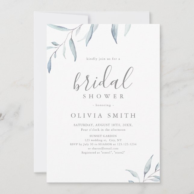 Dusty blue minimal greenery rustic bridal shower invitation (Front)