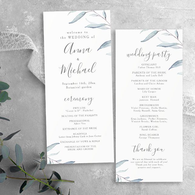 Dusty blue minimal greenery rustic wedding program menu (Dusty blue minimal greenery rustic wedding program)