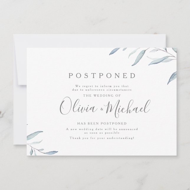 Dusty blue minimal greenery wedding postponement invitation (Front)