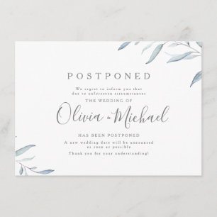 Dusty blue minimal greenery wedding postponement invitation