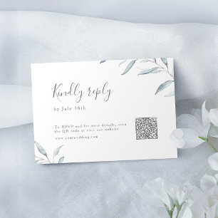 Dusty blue minimal greenery wedding QR code RSVP Card