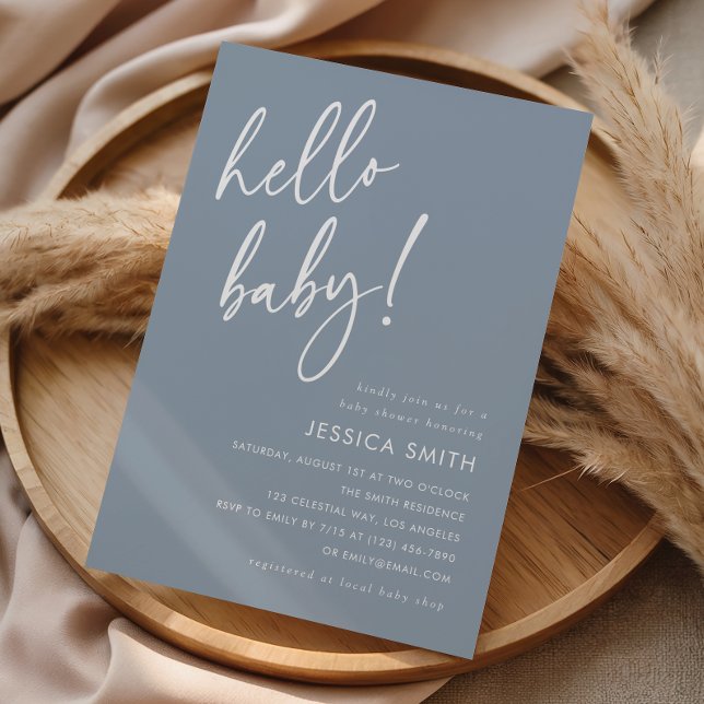Dusty Blue Minimal Hello Baby Shower Invitation (Creator Uploaded)