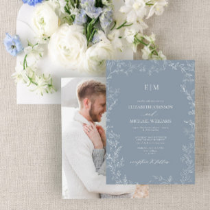 Dusty Blue Minimal Leaf Photo Monogram Wedding Invitation
