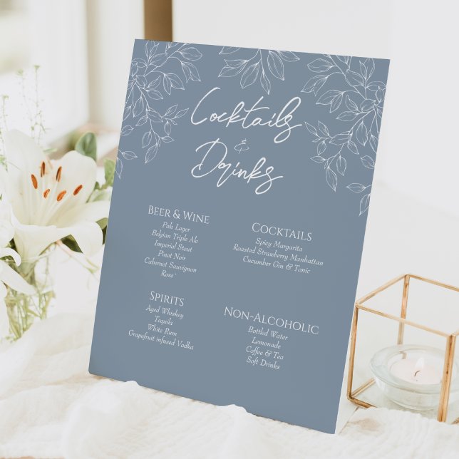 Dusty Blue Minimal Leaf Wedding Bar Drinks Sign (Creator Uploaded)
