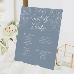 Dusty Blue Minimal Leaf Wedding Bar Drinks Sign
