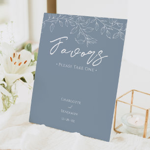 Dusty Blue Minimal Leaf Wedding Favours Pedestal Sign
