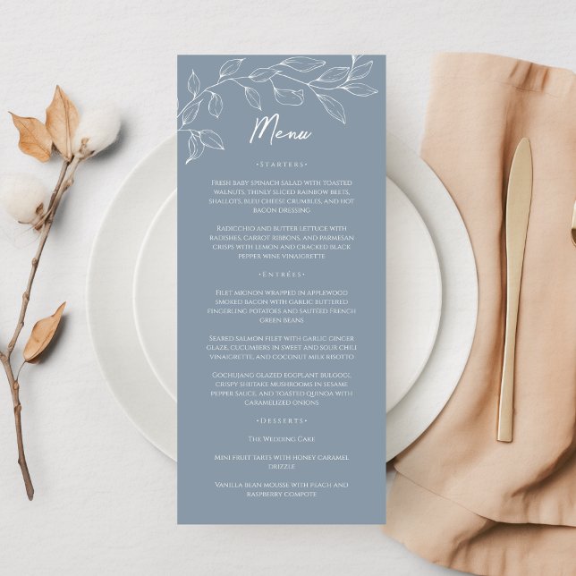 Dusty Blue Minimal Leaf Wedding Flat Menu (Creator Uploaded)