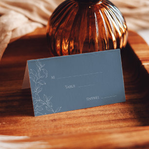 Dusty Blue Minimal Leaf Wedding Folded Place Card